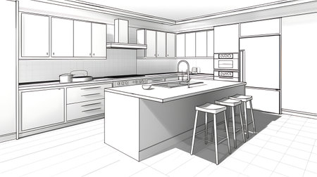 sketch design of kitchen, interior sketch, 3d renderの素材