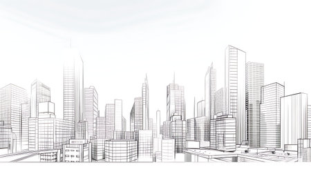 Modern city panorama. Skyscrapers and high-rise buildings. Vector illustration.の素材