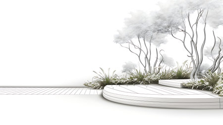 3d render of a garden with trees and grass in white backgroundの素材