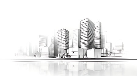 Modern Cityscape with Skyscrapers and Buildings. Vector Illustration.の素材