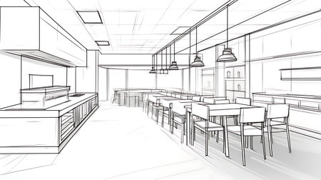 sketch design of interior restaurant,3dwire frame renderの素材