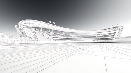 3D rendering of a futuristic stadium with white walls and floor.の素材