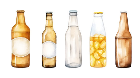 Watercolor beer bottles set isolated on white background. Hand drawn illustrationの素材