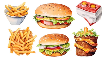 Hamburger, cheeseburger, French fries. Realistic watercolor illustrationの素材