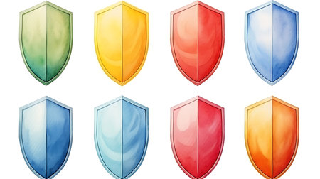 Illustration of a set of different colored shields on a white backgroundの素材