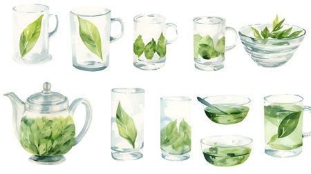 Watercolor set of glassware with tea leaves. Vector illustration.の素材