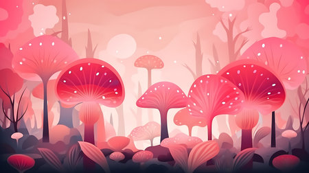 Autumn forest background with mushrooms and trees. Vector illustration in cartoon style.の素材