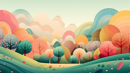 Autumn landscape with colorful trees and hills. Vector cartoon illustration.の素材