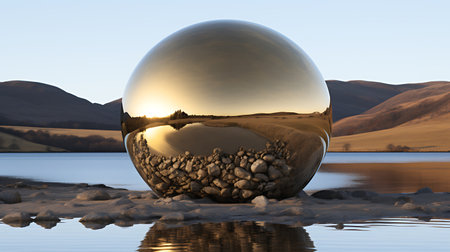 3D render of a glass ball in the desert with reflection.の素材