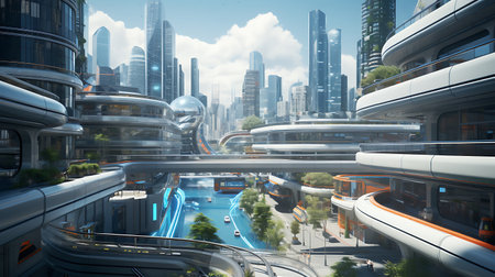 3D rendering of a futuristic city with skyscrapers and high-rise buildingsの素材