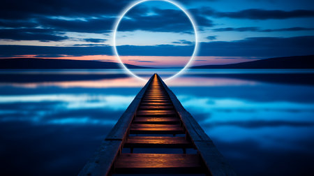 Lonely pier on a lake at sunset with sun in the skyの素材