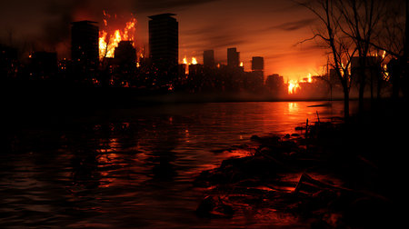Burning buildings on the bank of the river in the city.の素材