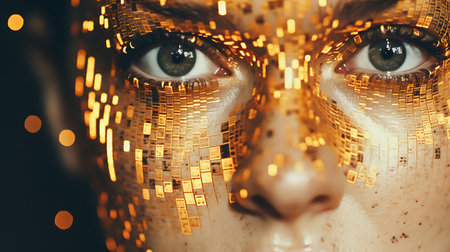Close-up portrait of a beautiful young woman with golden lights on her face.の素材
