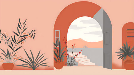 Interior design of living room with arched door, flowers in pots and plants. Vector illustrationの素材