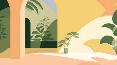 Illustration of a room with palm trees, plants and an archの素材