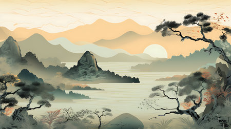 Illustration of a beautiful landscape with mountains, lake, forest and sunsetの素材