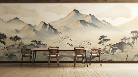 Wooden table and chairs in the cafe with mountains in the backgroundの素材