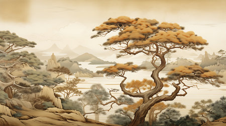 Digital painting of a pine tree in a desert landscape with mountains in the backgroundの素材