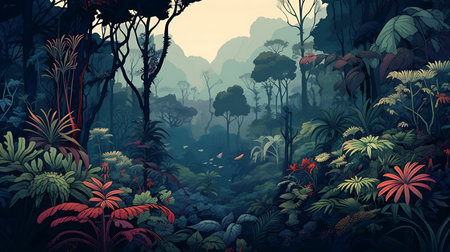 Fantasy jungle landscape with trees and ferns. 3d renderの素材