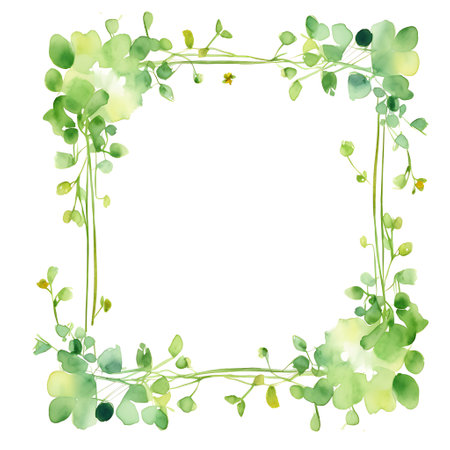 Watercolor frame with green leaves on white background. Vector illustration.の素材