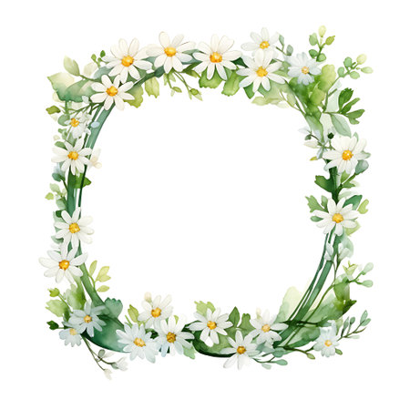 Watercolor floral frame with chamomiles and green leaves isolated on white backgroundの素材