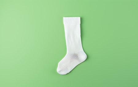 White socks on a green background. Top view, flat lay.の素材