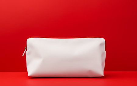White cosmetic bag isolated on red background. 3d render illustration.の素材
