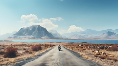 Road trip and freedom concept as a lonely motorcyclist on the road to the lake.の素材