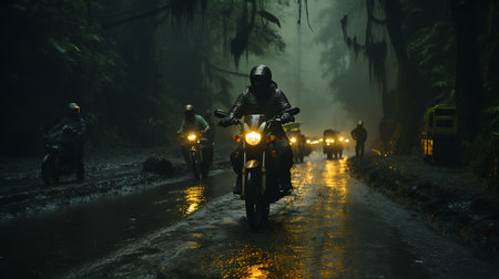 Motorcyclists on the road in the misty forest at nightの素材