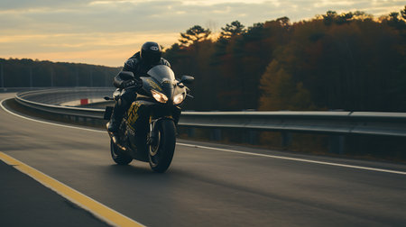 Motorcycle riding on the road at sunset. Biker in sportswear.の素材