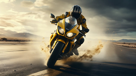 Motorcycle rider riding on the road. Extreme sport concept. 3D Renderingの素材