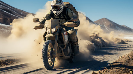 Racing motorcycle in the desert. 3d rendering and illustration.の素材