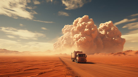 3D illustration of a truck driving through the desert with clouds in the backgroundの素材