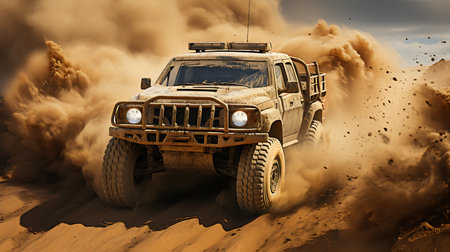 Off-road vehicle with dust in the desert. 3d renderingの素材