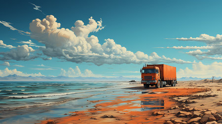 3D rendering of a truck on the beach with blue sky backgroundの素材
