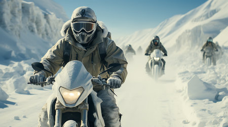 Motorcyclist in helmet riding on snowmobile in winter mountains.の素材