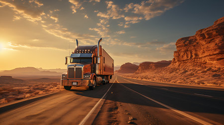 Truck on the road in the desert at sunset. 3d renderingの素材