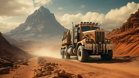 3D rendering of a big truck in the desert with mountains on the backgroundの素材
