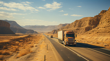 Truck on the road in the desert. Traveling by car.の素材