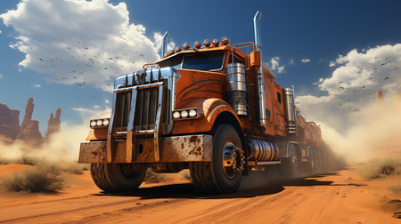 Truck on the road in the desert. 3D rendering.の素材