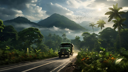 Tuk-tuk on the road in the jungle at sunsetの素材