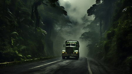 Truck driving on the road in the rainforest at night.の素材
