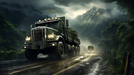 3d rendering of a truck on the road in the mountains.の素材