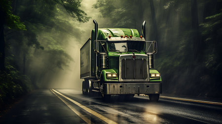 Truck on the road in the misty forest. 3d renderingの素材