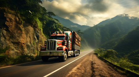 Truck on the road at sunset in the mountains. 3d renderingの素材