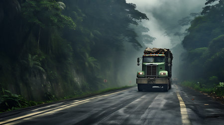 Truck on the road in the rainforest. 3D renderingの素材