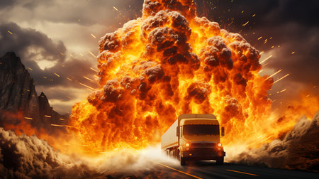 Image of truck on the road with big explosion. Collage.の素材