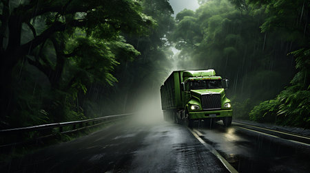 Green truck on the road with rain and fog. 3d renderingの素材