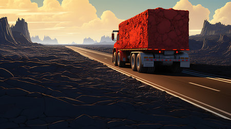 truck on the road in the desert. 3d render illustrationの素材