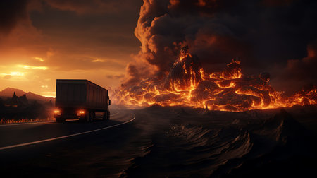 Truck on the road at sunset. Fire in the city. 3d renderingの素材